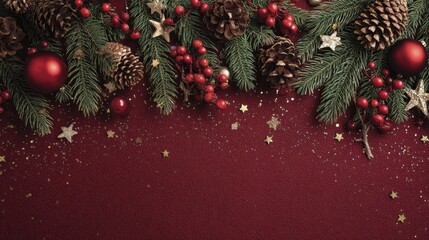 Festive Winter Garland with Pine Cones, Ornaments, Berries, and Gold Stars on a Textured Deep Background