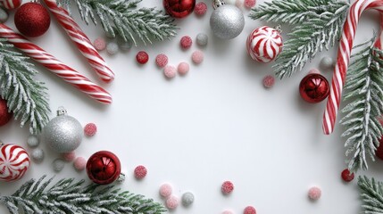 Festive Winter Holiday Decorations Frame with Frosted Fir Branches Candy Canes and Sweet Ornaments