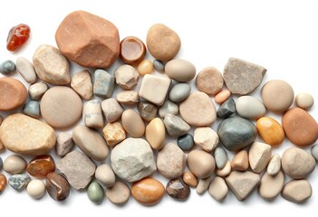 Varied smooth and rough stones, diverse shapes and sizes, isolated on pure white,   different stones,  texture
