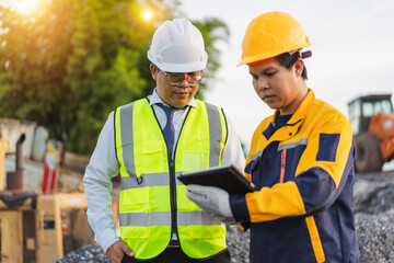 Two Construction Workers Wearing Safety Gear Discussing Project Details on Tablet at Construction Site