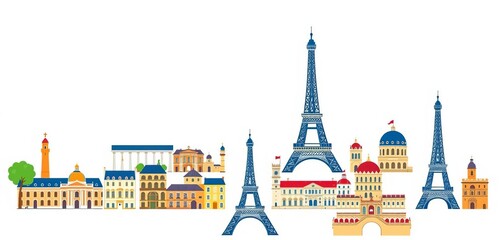 Vector icons of famous French cities, isolated on white background,  element,  tourism