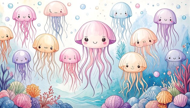 Cute jellyfish in a watercolor-style underwater scene