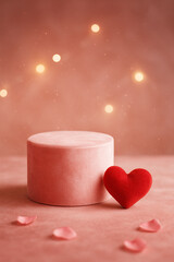 Pink Velvet Podium with Heart Pillow and Sparkles. Romantic Valentine Display. 