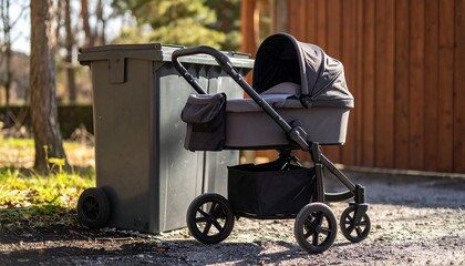 Baby stroller near a bin