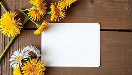 Vertical close-up of blank greeting card mockup on rustic wooden surface, adorned with dandelions,  dandelions,  blank