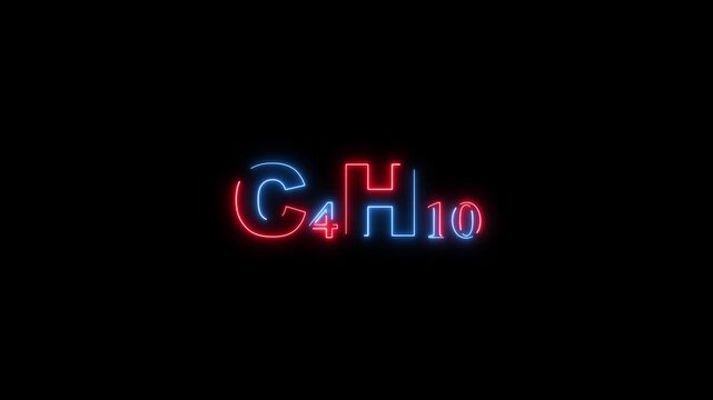 Neon chemical formula C4 H10 in red and blue against black background C4H10 butane