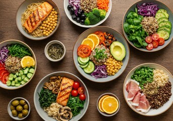 Healthy Gourmet Meals and Colorful Bowls – Top View Food Photography