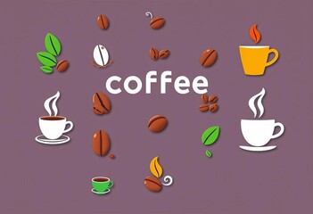Vibrant collection of coffee bean, cup, and cafe-related icons for branding and design,  roasted,  delicious