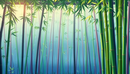 Vibrant cartoon bamboo forest, lush green stalks, misty background, Asian style, sky, pattern