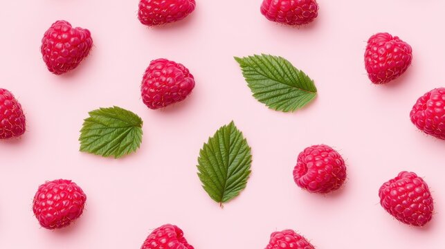 Raspberries and leaves arranged on a pink background