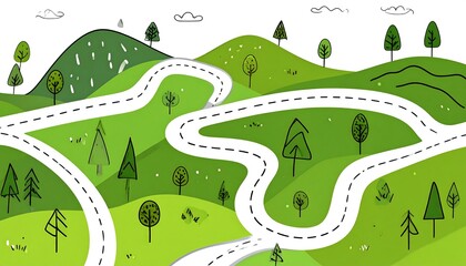 A whimsical landscape scene showcases winding roads that snake through a vibrant green hillscape dotted with simple trees.