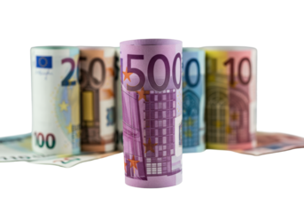 Extreme close-up macro of 500 Euro banknote unrolling, crisp linen, purple, holographic strip, on transparent background with blurred Euro notes, concept of financial wealth.