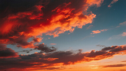 A vibrant sunset sky filled with orange and red clouds against a blue gradient background view