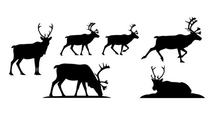 Silhouettes of reindeer in various poses isolated on white background