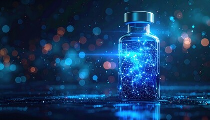 A glass vial filled with glowing blue network of interconnected dots, suggesting technology, medicine, or scientific innovation.