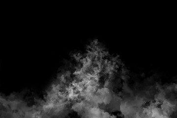 Dense white fog cloud on black background. Thick white fog smoke cloud isolated on a black background, perfect for overlays, photo effects, and dramatic scene design.