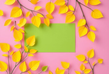 Vibrant summer scene with yellow paper leaves and green papercut boards, greeting card, paper art