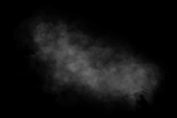 Isolated white mist cloud on dark. Isolated soft misty fog cloud floating on black background for cinematic scenes and photo overlays.