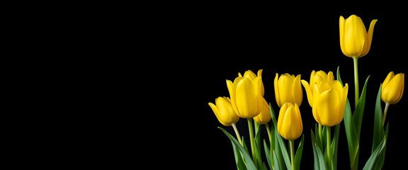 Vibrant yellow tulips stand out against a stark black backdrop, elegant, contrast