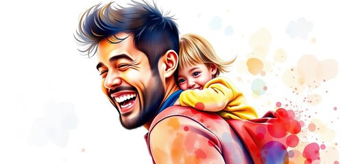 Watercolor painting of a father carrying a child on his back, joyful expression, artistic, joy