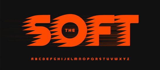 Cyberpunk dynamic alphabet, bold speed letters, fast startup logo, emphasis headline, action futuristic esport typography, modern sci-fi typeface, automotive typographic design style. Vector typeset.