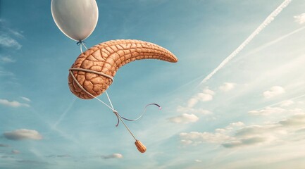 Realistic Human Pancreas Floating in Sky with Balloon String. Anatomical Organ Artwork Showing Detailed Pancreas Structure. Surreal Medical Concept Illustration of Human Pancreas Suspended in Air.