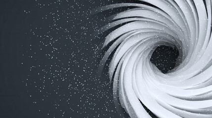 Spiral design with swirling white shapes on a dark background creating a sense of motion and depth