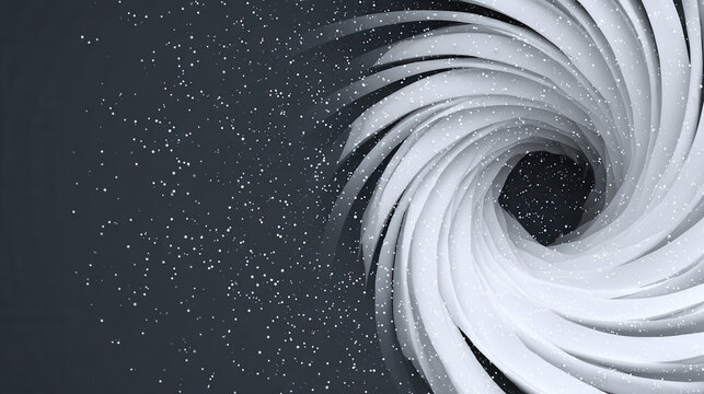 Spiral design with swirling white shapes on a dark background creating a sense of motion and depth
