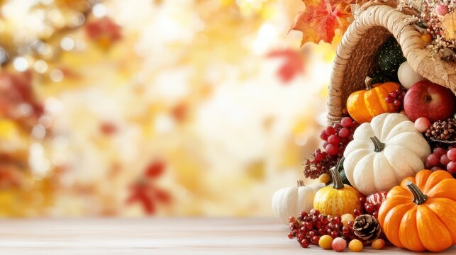 Thanksgiving cornucopia overflowing with autumn harvest on a wooden table.