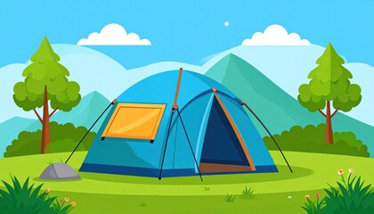 A blue dome tent pitched in a scenic mountain meadow, ready for a camping adventure.