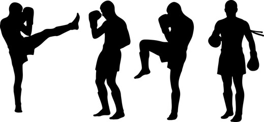 silhouette thai boxing postures in black shape muay thai monochrome color vector on white background