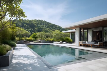 Fototapeta premium Wide shot of a luxurious modern villa with a sparkling swimming pool and lush green garden on a sunny day