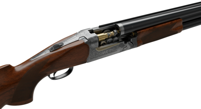 Photorealistic, hyperdetailed macro close-up of a double-barreled shotgun with polished wood, blued metal, and an exposed cross-section revealing intricate internal mechanisms on transparent.