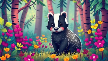 Whimsical badger in vibrant forest, playful style,  colorful background,  fun