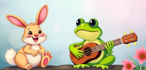 Whimsical cartoon frog playing ukulele with cheerful bunny, white, green