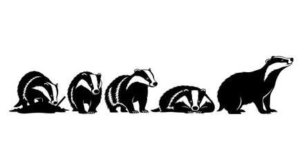 Silhouette of badgers in different positions isolated on white background