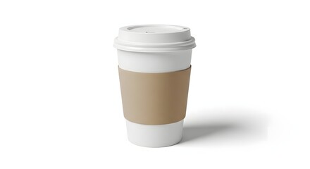 White disposable coffee cup with brown sleeve isolated on white background beverage container