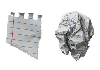 Extreme close-up macro photograph of dynamically tearing and crumpled lined paper strips, translucent fibers & deep folds, on transparent, meticulous textural study of paper