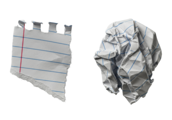 Extreme close-up macro photograph of dynamically tearing and crumpled lined paper strips, translucent fibers & deep folds, on transparent, meticulous textural study of paper