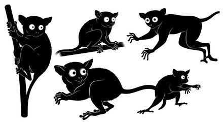 Silhouette of tarsiers isolated on white background in various poses