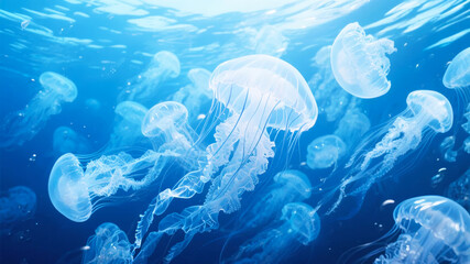 Jellyfish floating in deep blue ocean water