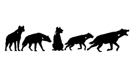 Silhouette of hyenas isolated on white background, standing, walking, and howling