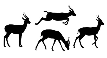 Fototapeta premium Silhouette of gazelles isolated on white background, standing, grazing, and jumping