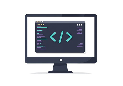 Vector flat design of a computer monitor with coding brackets