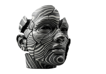 Abstract human face sculpture, fractured, layered matte black and polished white, pearlescent interior, studio shot on transparent, dramatic lighting, concept of artistic deconstruction