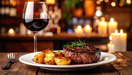 Steak and Red Wine Dinner A Romantic Evening with Grilled Meat and Roasted Potatoes