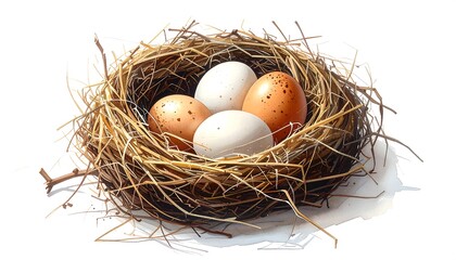 A detailed illustration of eggs nestled within a rustic bird's nest, showcasing a warm, natural color palette against a plain white background.