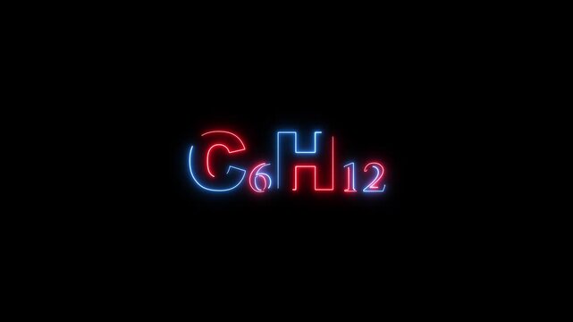 Red and Blue Neon Chemical Formula C6 H12 Glowing on Black Background C6H12 chemistry