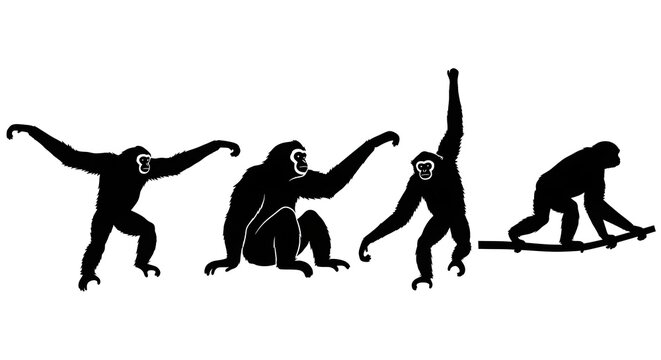 Silhouette of four gibbons in various poses isolated on white background