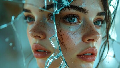 Close-up portrait of a young woman, reflected through shattered glass